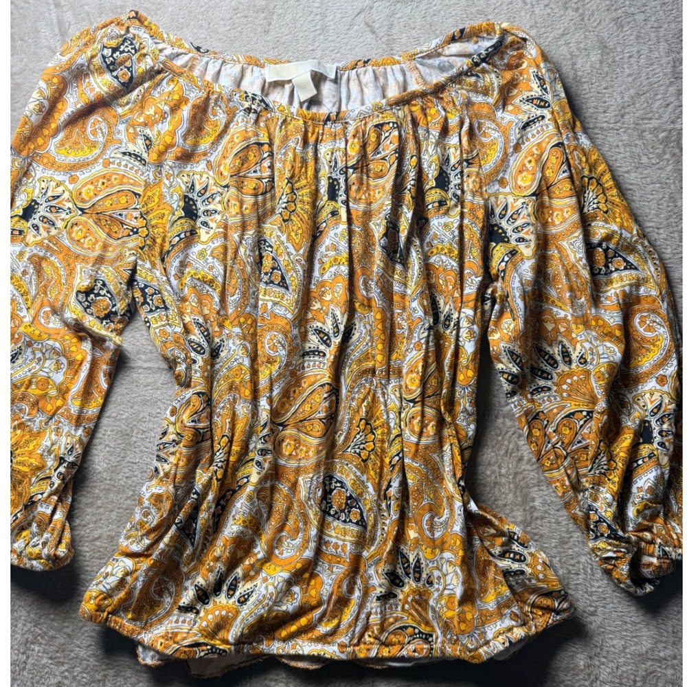 Michael Kors Womens Yellow Orange Paisley Peasant Blouse  Size M Hippie Boho